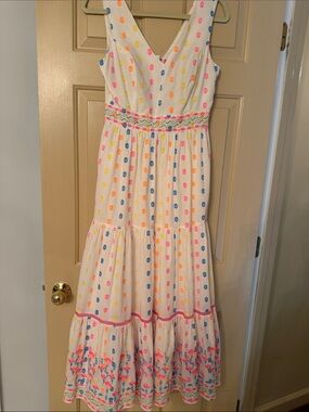 Lily Pulitzer White Maxi Dress with Pink, Yellow, Blue and Orange Polka Dots
